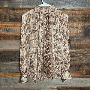 Python Print Women’s Blouse Button Down Band Collar Long Sleeve Beige Size 4
